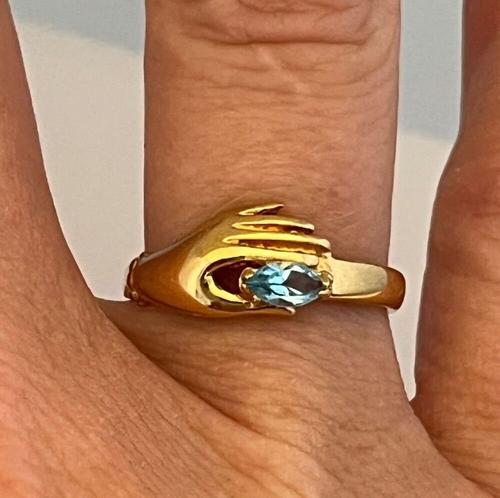 Vintage 1970s Ring Size 5 Victorian Revival Hand Blue Crystal Gold Plated - 14Y